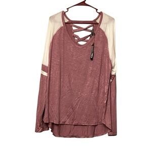 NWT Moral Fiber Long Sleeve Top V Neck 3X Rose Pink Mauve Colorblock